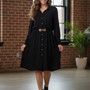 Chic Black Long Sleeve Dress with Belt